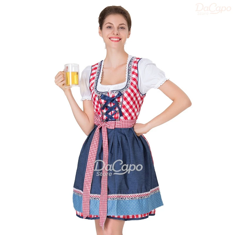 

Munich Oktoberfest Dirndl Pink Plaid Dress Farm Maid Dress Mieder Vintage Denim Skirt Bavarians Cosplay Women Adult Costume