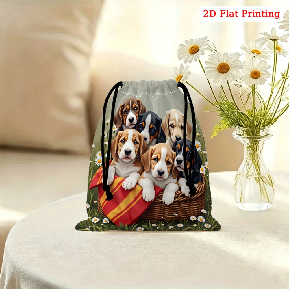 1pc Cute Puppy Pattern Drawstring Bag Green Floral Print Storage Small Pouch For Travel Cosmetics Organization Pet Lovers Portab