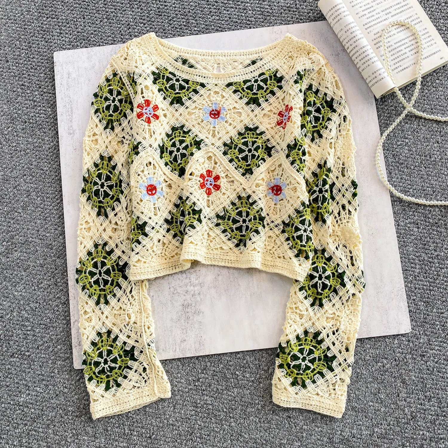 

Vintage Elegant O-Neck floral Knit long sleeve Blouse Fashion Shirt Casual Top Fairy Women Shirt