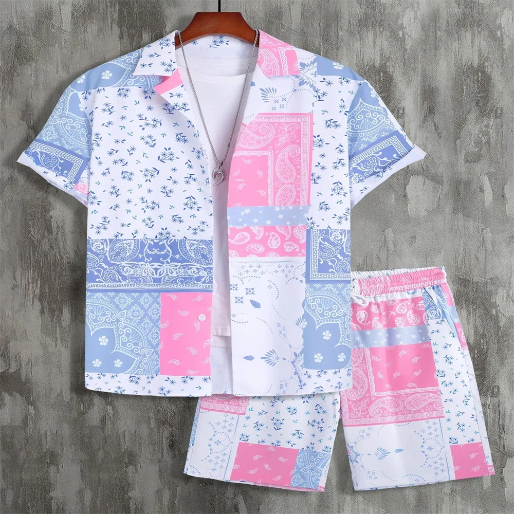 Beach Clothes For Men 2 Piece Set Fashion Spliced Shirt and Shorts Set Fashion Clothing Printing Casual Outfits Summer Beachwear