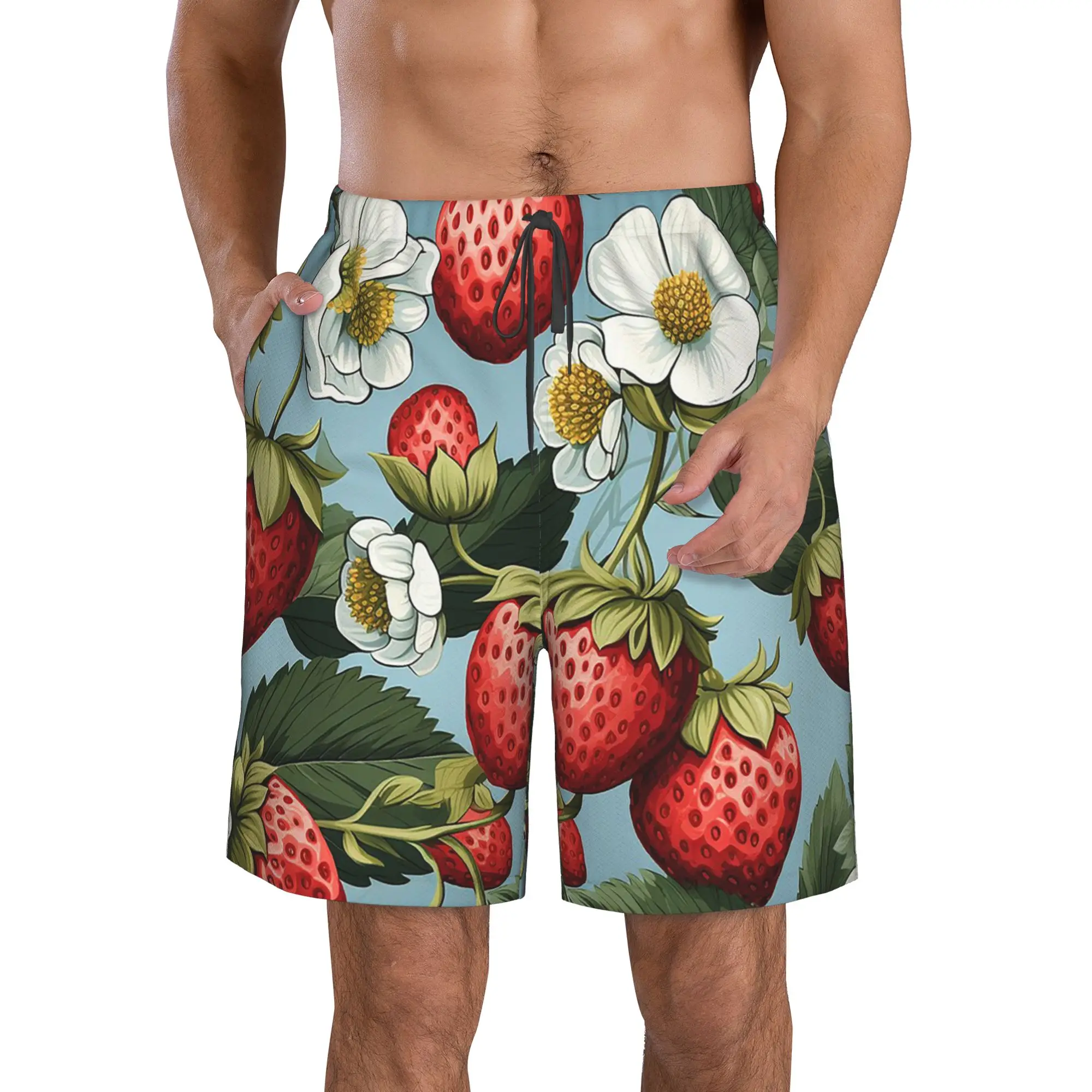 Vibrant Red Strawberry and White Floral Trunks Beach Board Shorts Casual Quick Dry Swim Summer Men Pants