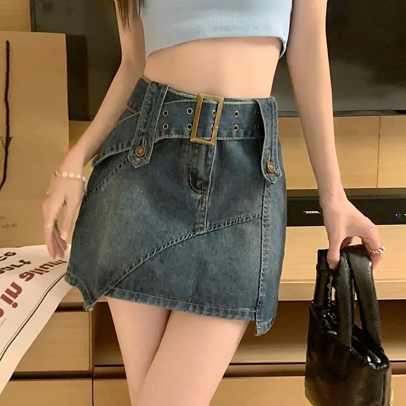 

Vintage Denim Skirt Women Y2k Irregular Waistband Denim Pantskirt 2024 New Summer Fashion Sexy High Waist A-shaped Mini Skirts