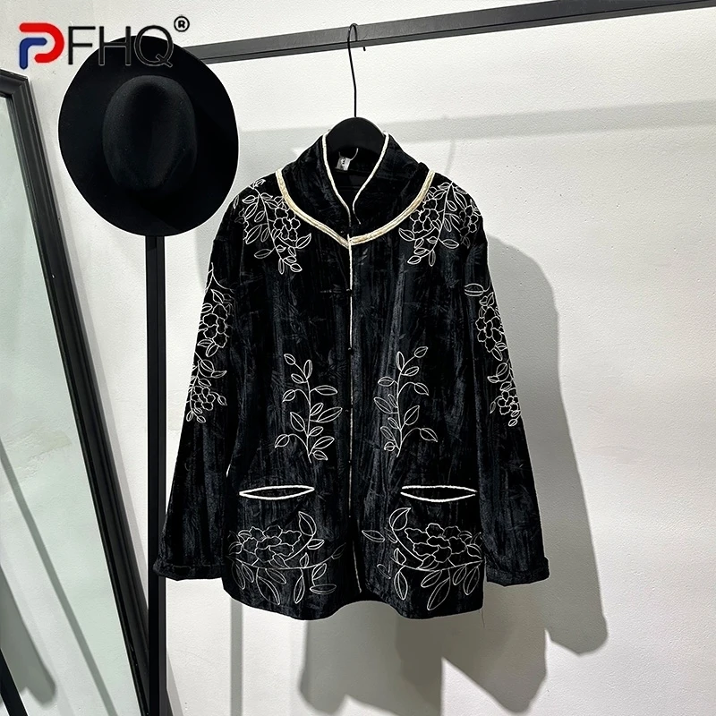 PFHQ Men's Chinese Style Velvet Shirts Embossed Embroidery Loose Stand Collar Niche Delicacy Single Breasted Summer Tops 21Z4374