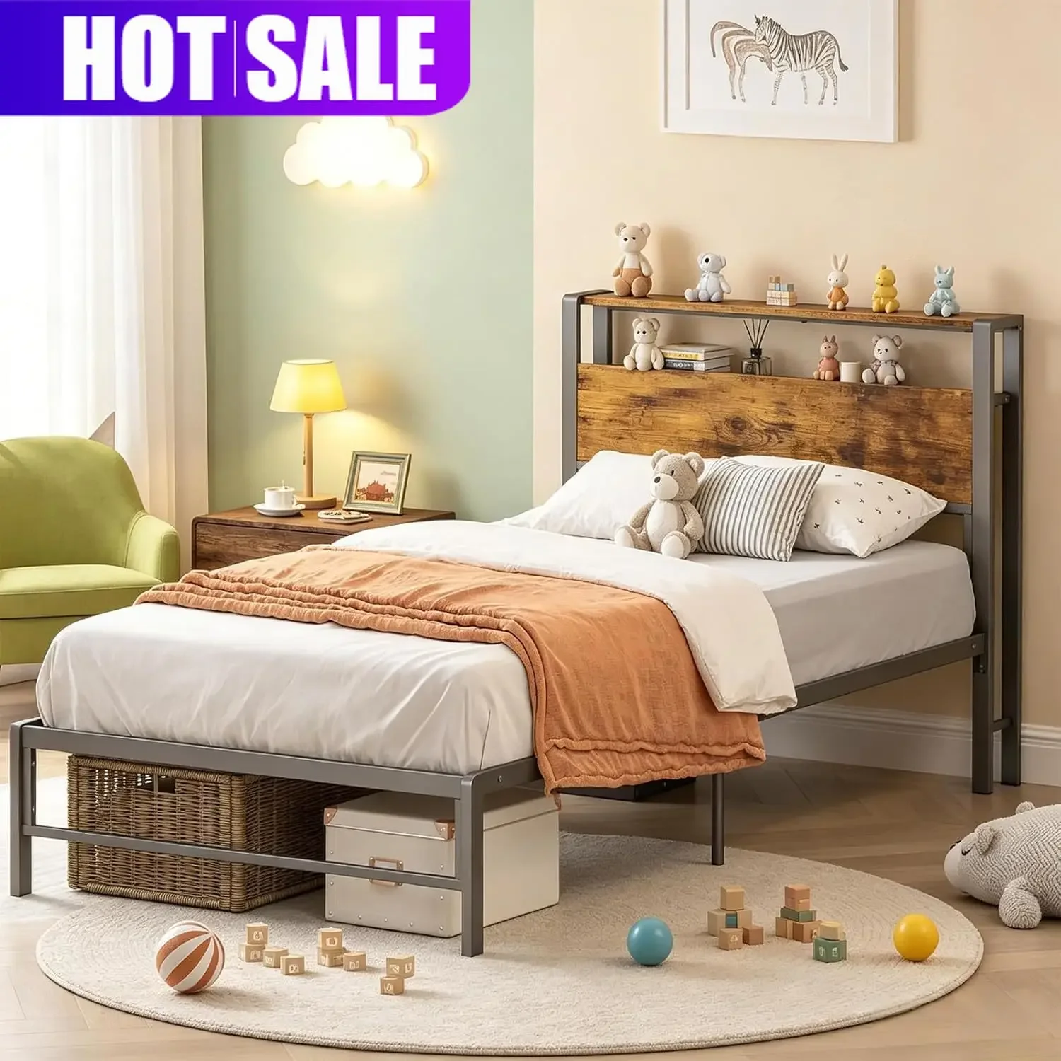 Twin Bed Frames for Kids, Twin Size Bed with 2 Tiers Wood Shelves Headboard Under Bed Storage Space No Box Spring Needed Heavy