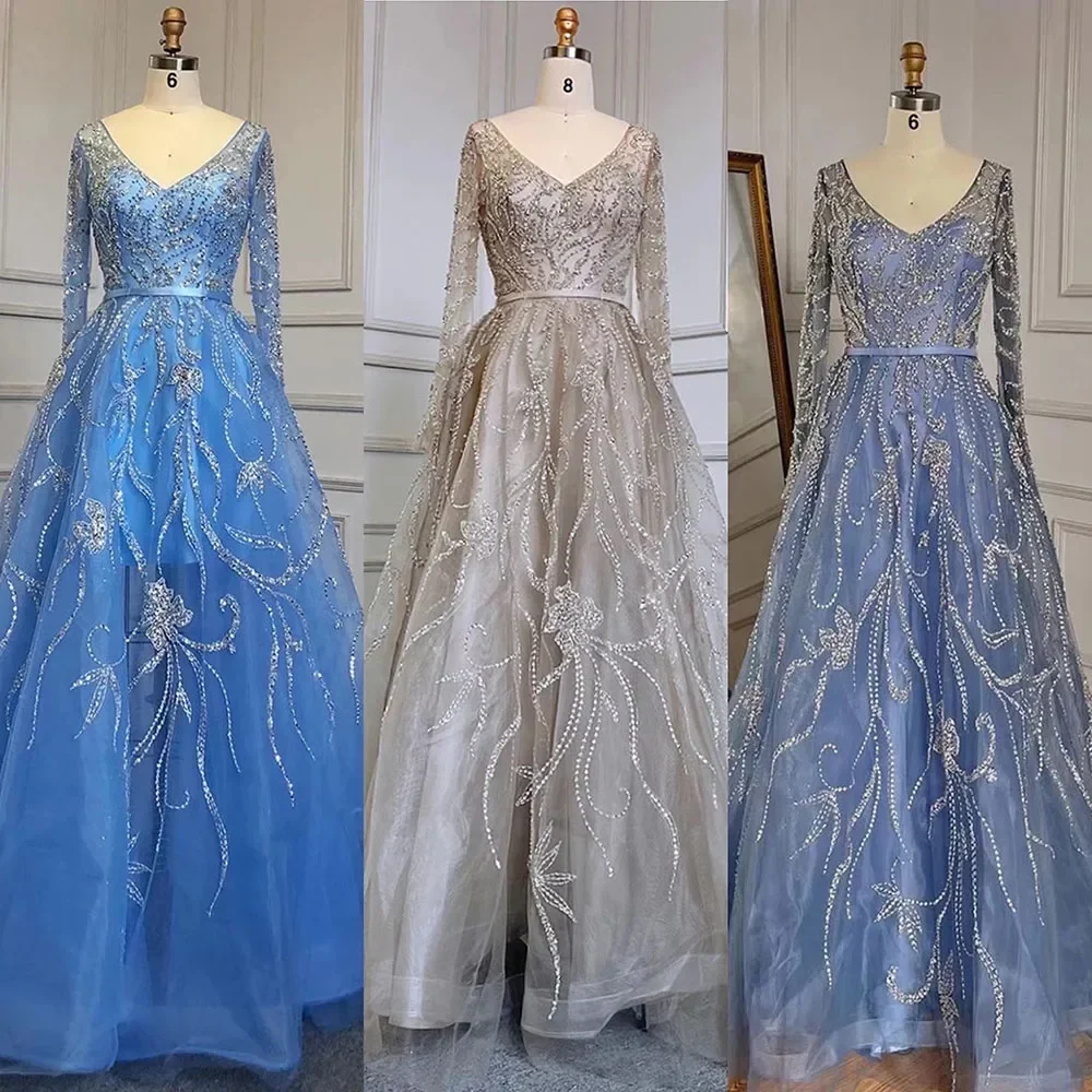 Robe de Soirée Trapèze Bleue et Élégante pour Femme, Tenue Personnalisée avec Perles de Luxe, Manches sulf, pour ixet Oc Spécial, Arabie Saoudite