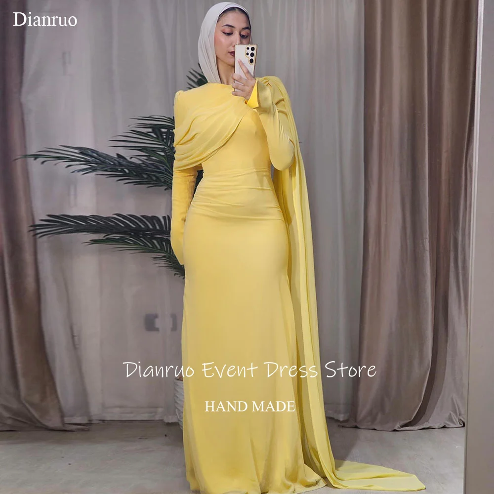 Dianruo Драпированные ярко-желтые вечерние платья Асимметричные платья для выпускного вечера Плиссированные элегантные мусульманские платья для гала-верейской в Саудовской Аравии по индивидуальному заказу