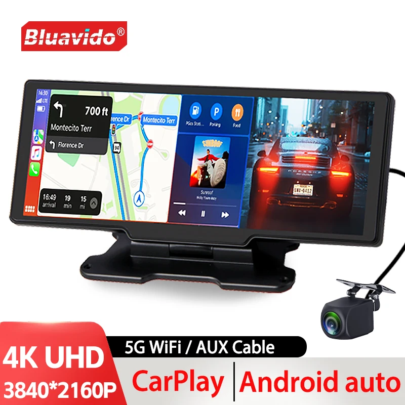 Bluavido 4K Dash Cam Wireless CarPlay Android Auto GPS Navigation 5G WiFi AUX Car DVR Rear View Camera Dashboard Video Recorder