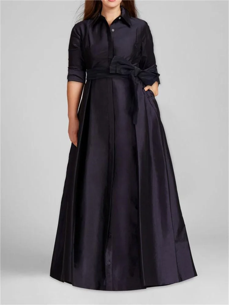 2023 Autumn and Winter Temperament Glamor Taffeta Floor Length Front Hidden Button Long Sleeve Mother of the Bride Evening Gown