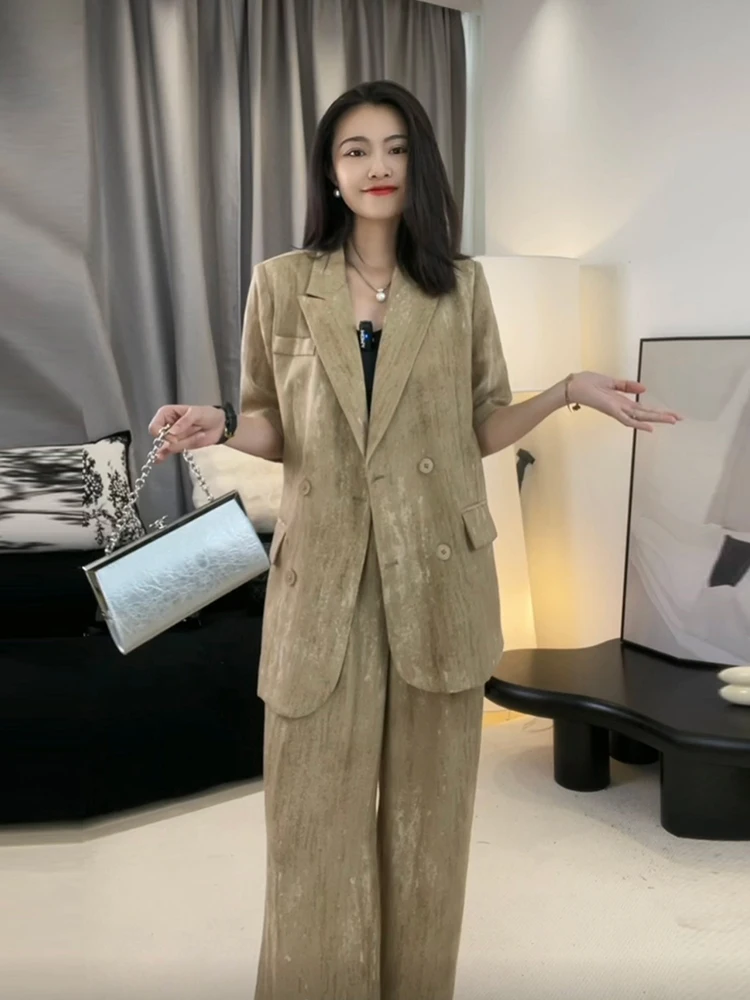 Women's Summer 2024 Fashion Texture Casual Suit Set Two-Piece Thin Outerwear Jacket And Pants V-Neck Button-Up Long Sleeve