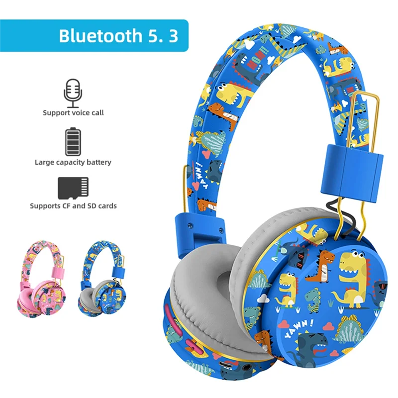 Wireless Bluetooth Headset with Microphone Dinosaur Animal Stereo Music Earphone TF Card Headphones for Kids-Blue