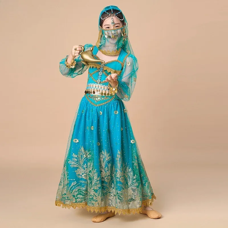 Vestido de dança indiana infantil personalizado, vestido de performance para meninas, roupas de dança do ventre, conjunto de vestido de princesa jasmim exótico