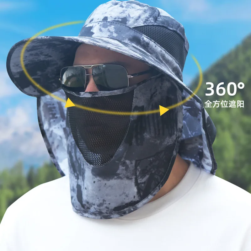 58-60cm Tactical  Man Summer Outdoor Shade Hat Face Mask Wide Brim Cap For Fishing Hunting Breathable Sunscreen Caps Unisex