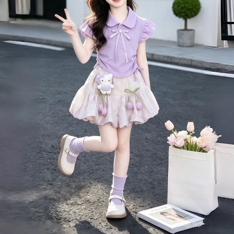 Girls Short Sleeve Bubble Shorts Skirt Set Cute Ruffle Trim Breathable Soft Cotton Casual Loose Fit Outfit for Kids Trendy