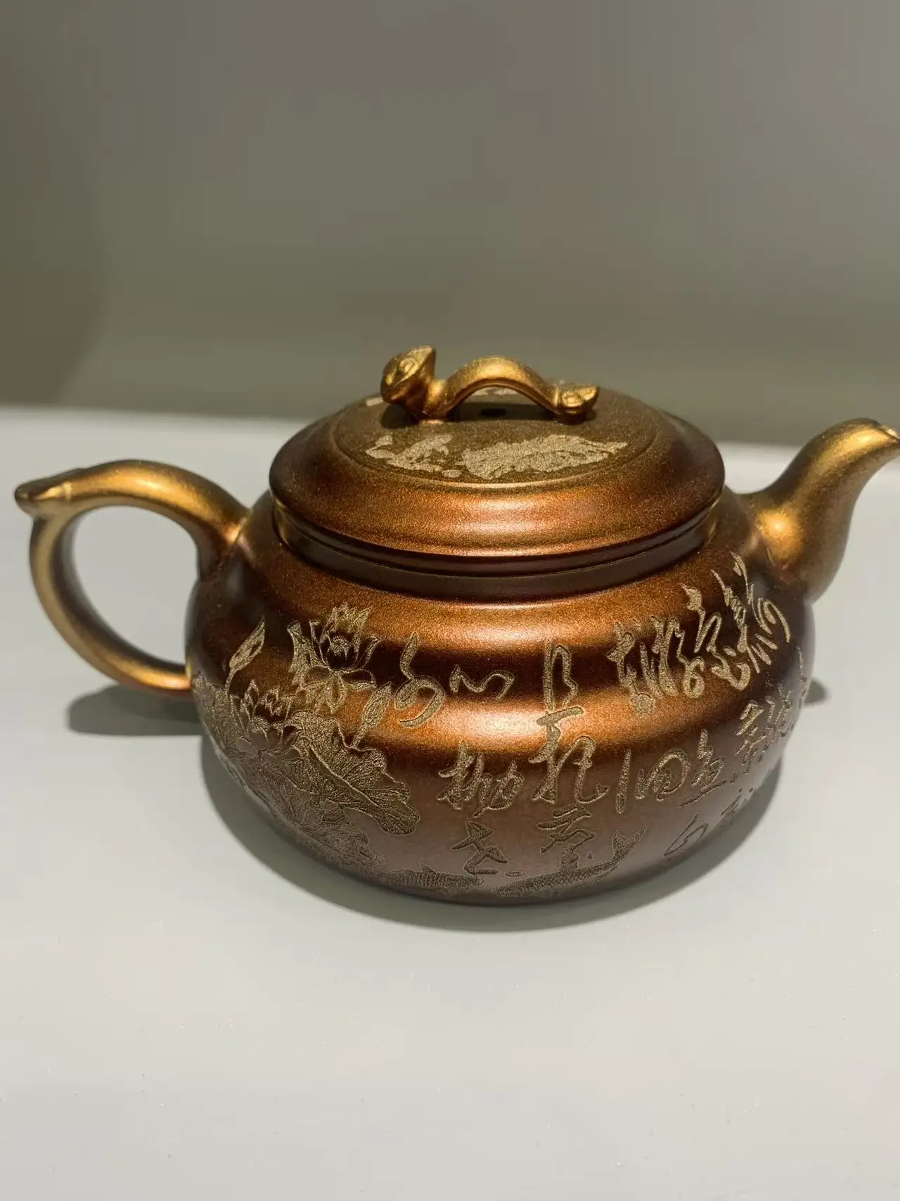 Old Chinese Handicraft Enameled YiXing Zisha (red stoneware) Teapot,louts&fish, #02,Free shipping