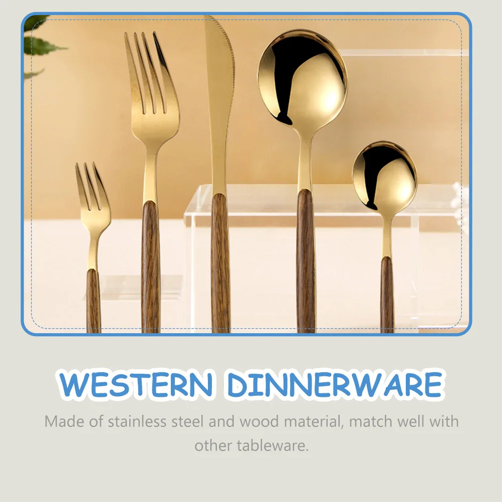 

1 Set Golden Stainless Steel Wood Cutlery Set Modern Smooth Flatware For Family Party Hotel Restaurant Camping Picnic Western