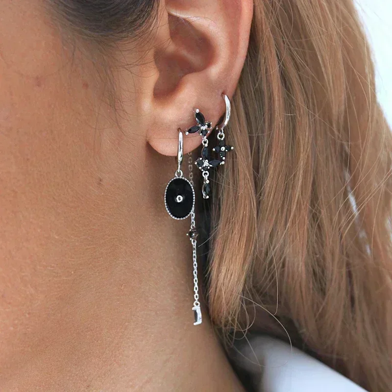 High Quality 925 Sterling Silver Needle Black Zircon Pendant Hoop Earrings Heart/Water Drop Earrings for Women Piercing Jewelry