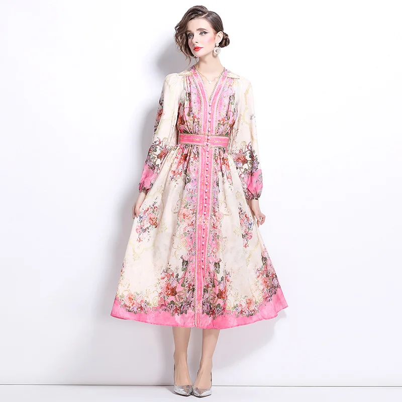 New Spring Autumn Women V-Neck Long Sleeve Slim Long Dress High Quality Golden Thread Floral Print Palace Style Vintage Dress