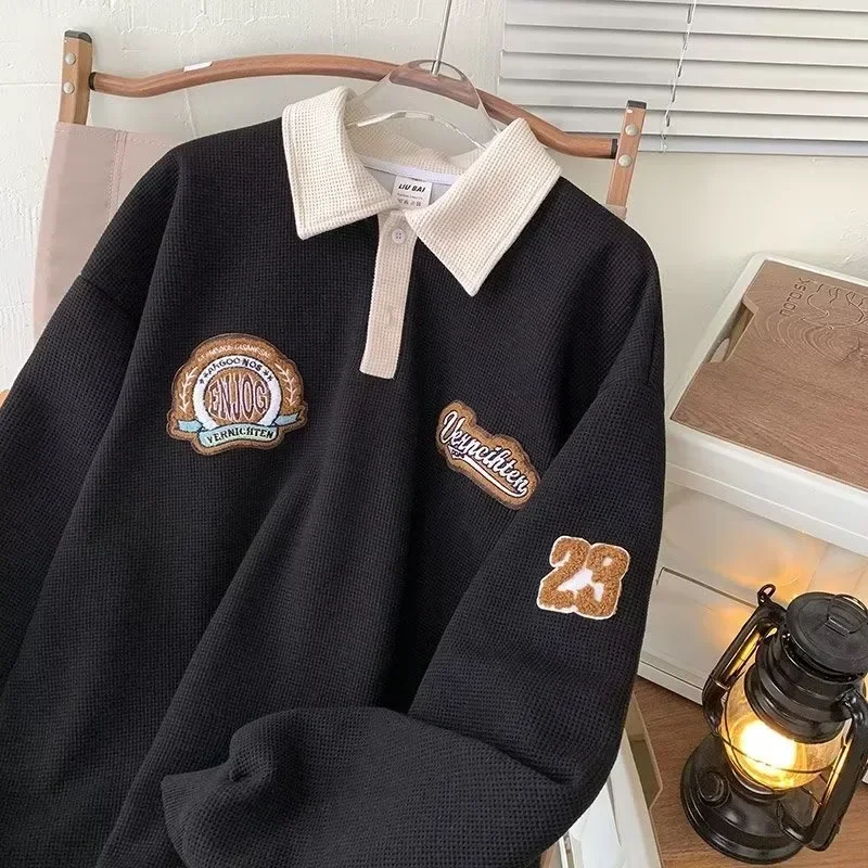 

Waffle Women Sweatshirts Turndown Collar New Loose Long Sleeve Top Preppy Style Clothes For Women Y2k Korean Sweatshirts