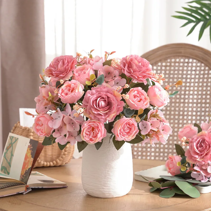 

4PCS Rose Artificial Flower Retro Silk Bride Bouquet Hydrangea Peony Vintage Fake Floral Home Wedding Decoration Accessories
