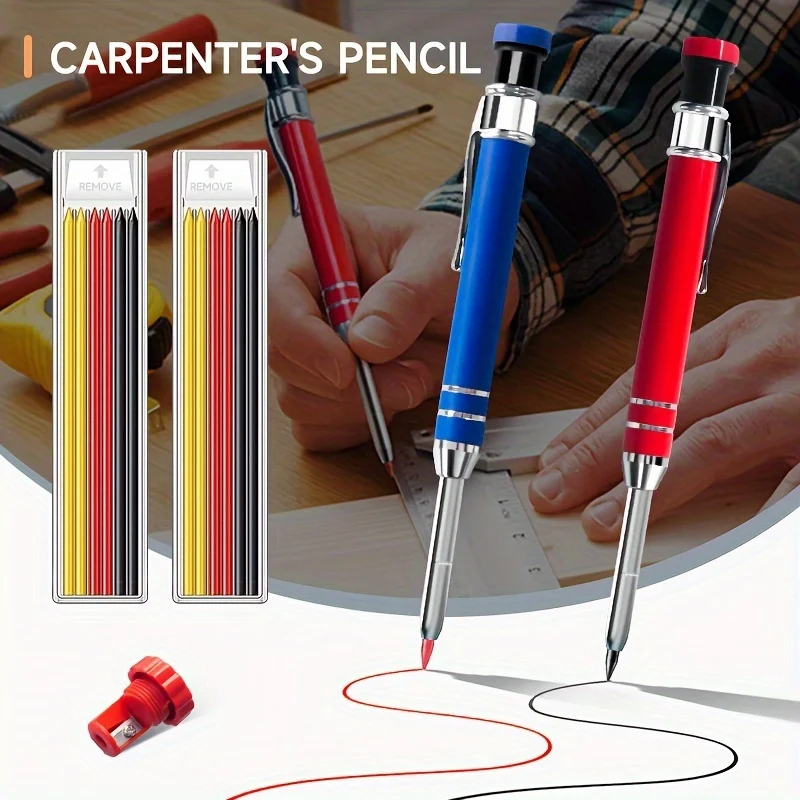 5pcs/set Carpentry Pencil Set:2 Boxes of Refills,2 Pens,built-in Pen Knife,Deep Hole for Engineering Drawing ,Metal Pen Clip