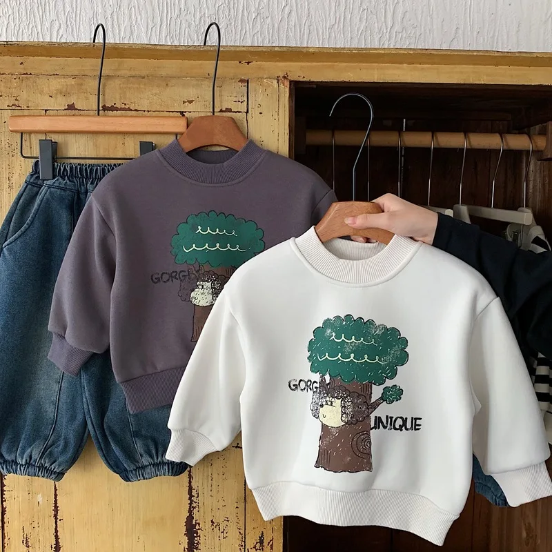 

Boys Girls Cartoon Print Plus Velvet Thick Pullover Kids Warm Tops Clothes 2025 Winter New Children Fleece Sweatshirt Cotton