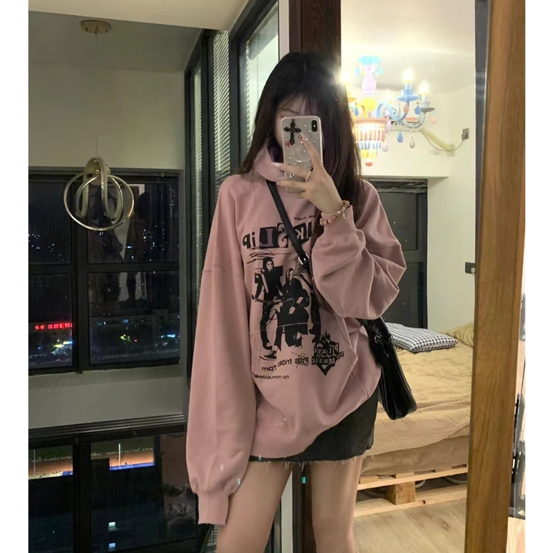 

Pink Sweatshirt Women Hooded Letter Print Fashion Hip Hop Oversized Leisure Vintage Lazy Wind Winter Long Sleeves Tops Pullover