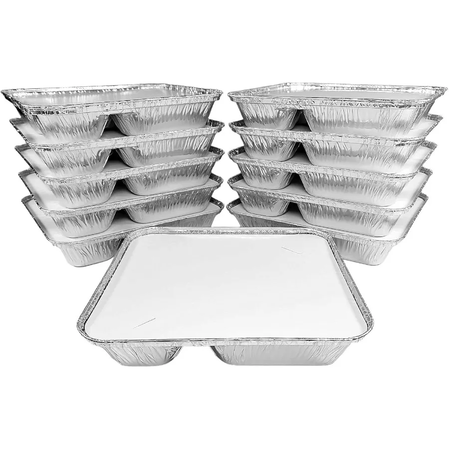 Sartén grande para llevar de papel de aluminio oblungo de 3 compartimentos con tapa de tablero para alimentación superior, bandeja para cena de TV, Ideal para preparación de comidas