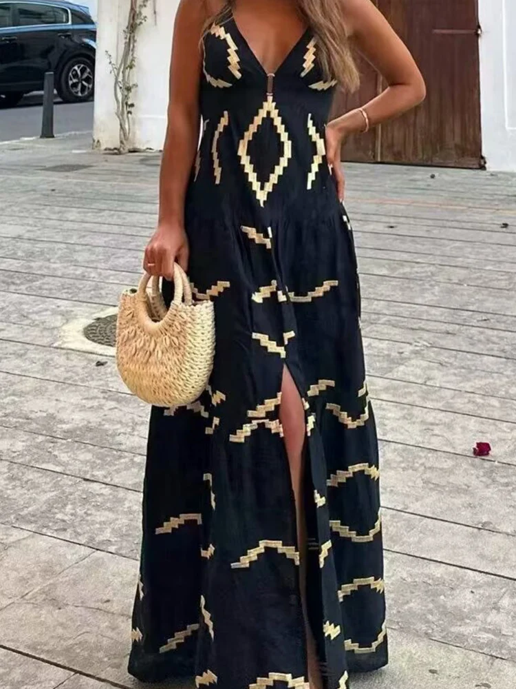 

European and American style spring and summer new fashion women's wear V-neck sleeveless high waist slit long A-line dress