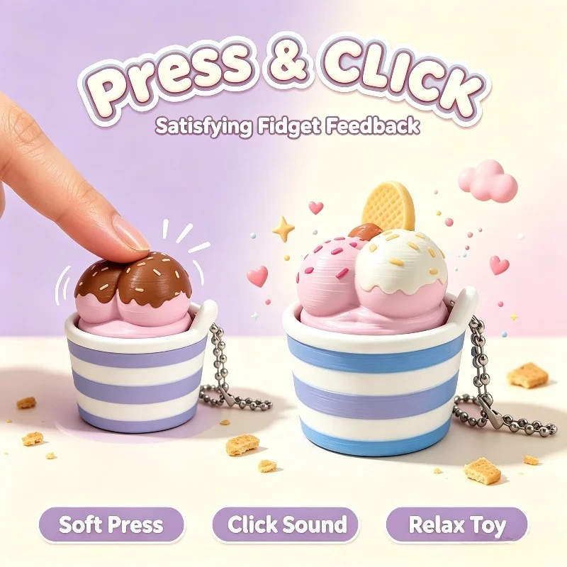 Ice Cream Cup Clicker Keychain 3D Printed Cute Dessert Fidget Toy Stress Relief Keycap Ornament