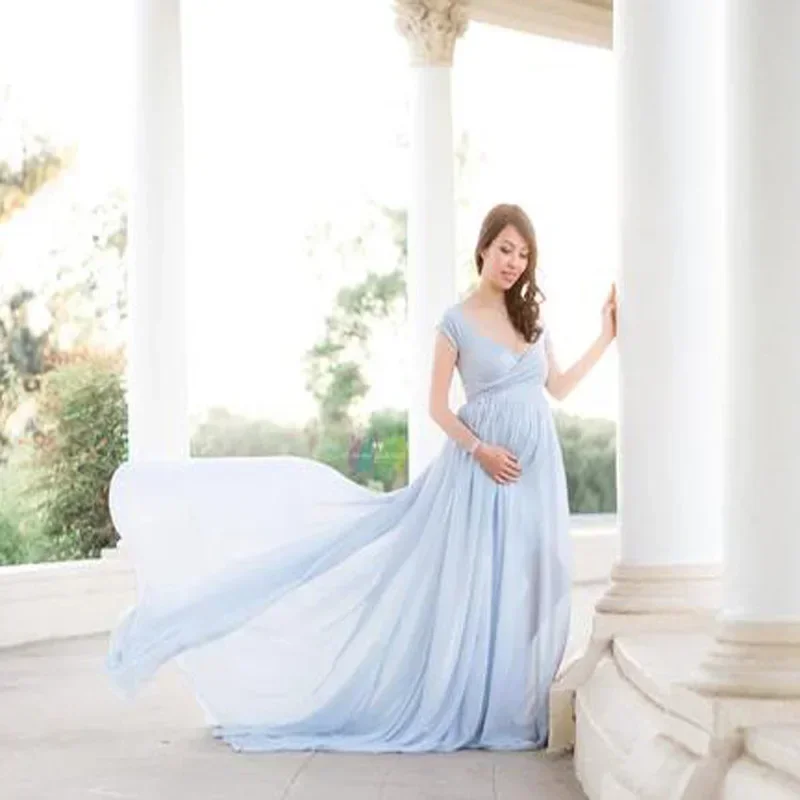 

Elegant Maternity Dresses for Photo Shoot Sexy V Neck Off Chiffon Maxi Maternity Gown Shoulder Pregnancy Photography Dress