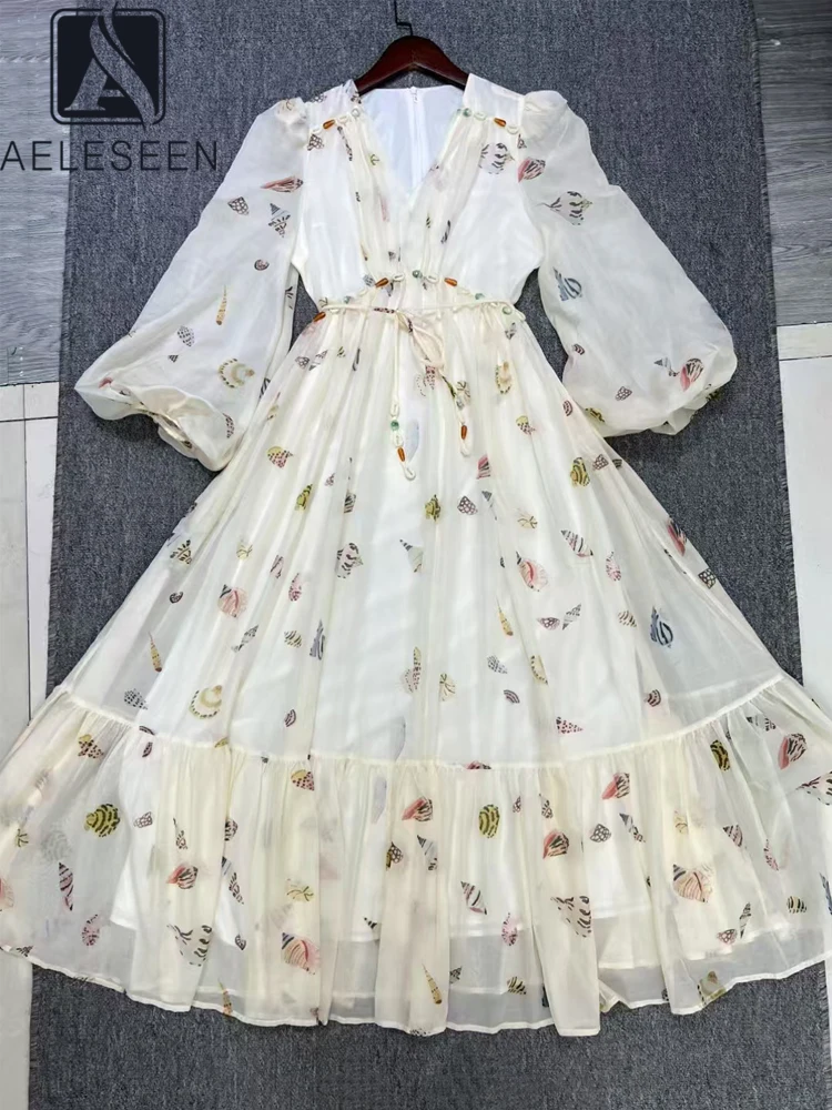 

AELESEEN Elegant Women's Printing Design Dresses V--Neck Single Breasted Long Lantern Sleeve Slim Evening Female Spring 2025 New