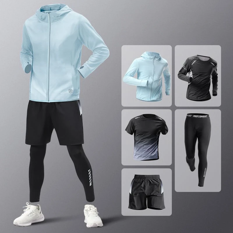 

5pcs Men's Lightweight Summer Ice Silk Athletic Set Quick-Dry Running Clothes Outdoor Kit Cycling Fitness Men's Sportswear Set