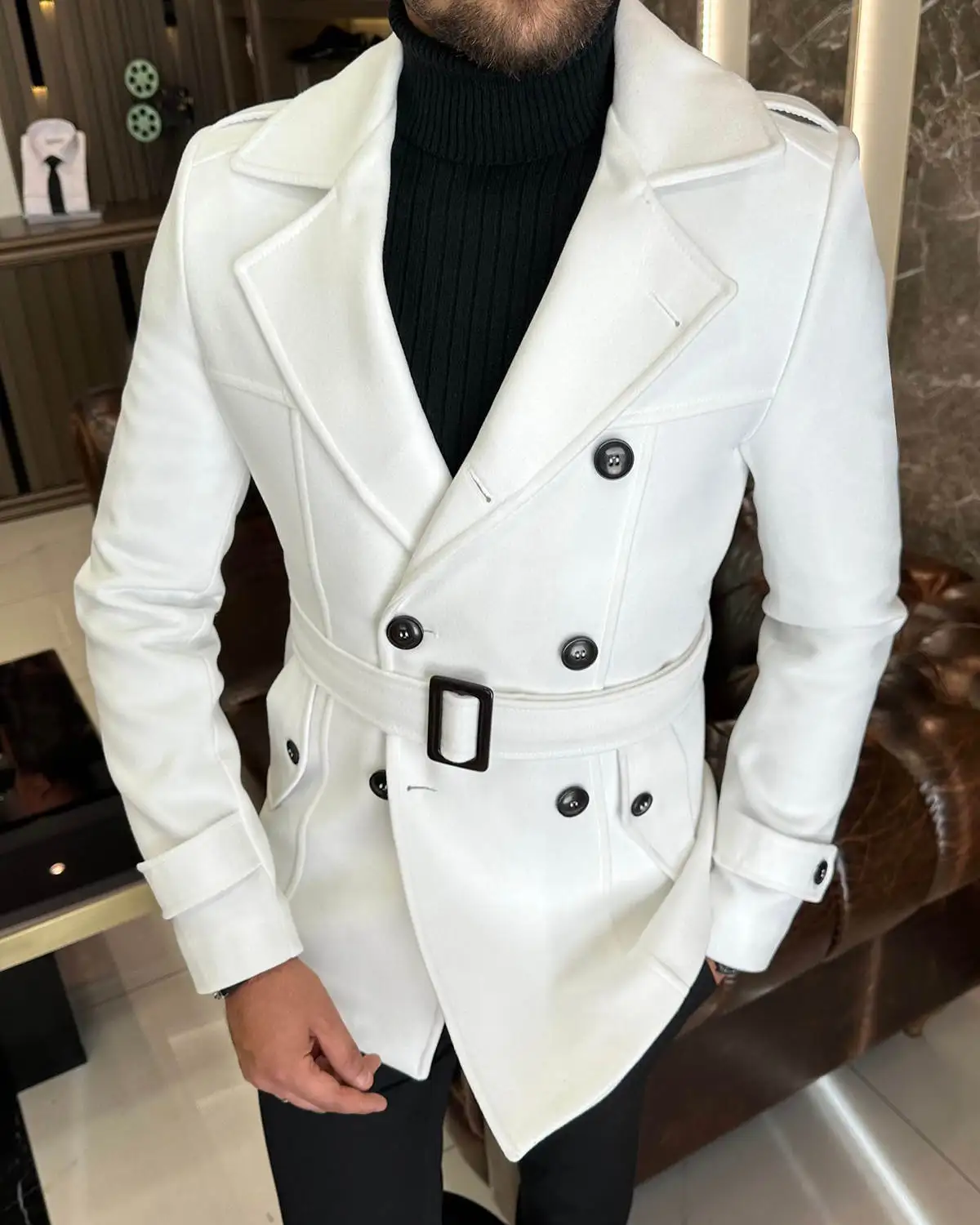 Mens Double Breasted Trench Coat Casual Lapel Collar Business Winter Long