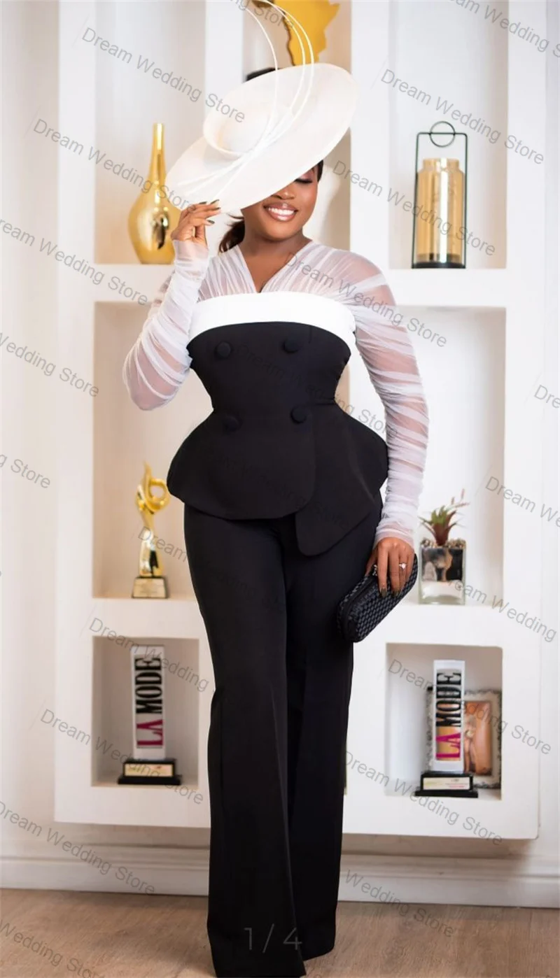 

White Black Women Suit Set 2 Pcs Blazer Pants Trousers Tulle Sleeves Formal Office Lady Jacket Customized Wedding Prom Coat