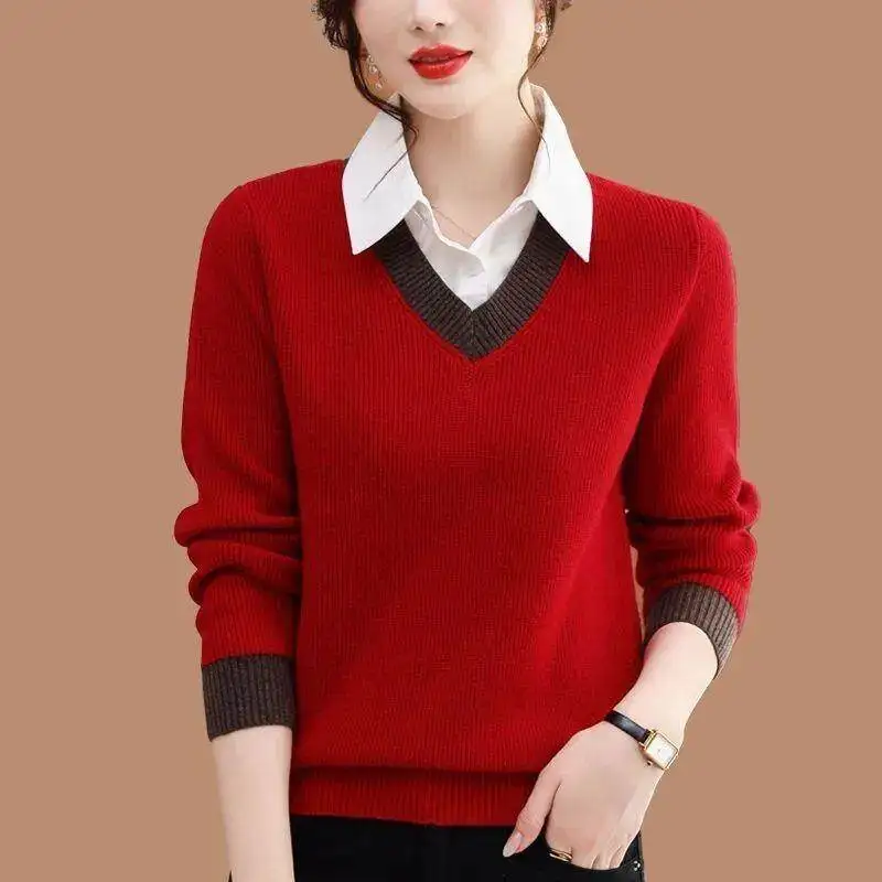 High-End Long Sleeve Knitted Base Shirt Women's Pure Color Block Design Fashionable Autumn Winter Pullover Top