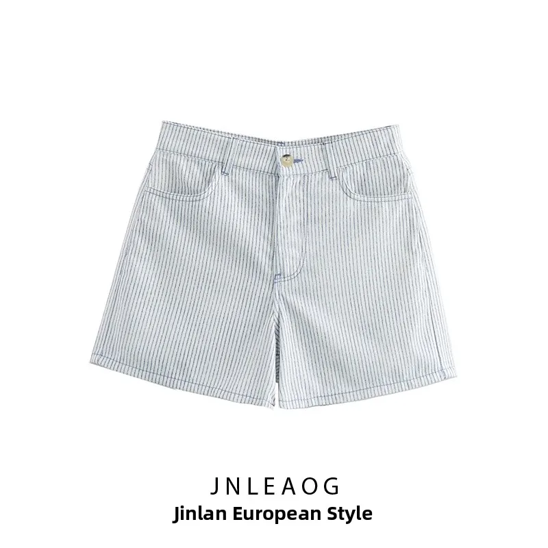 

JNLEAOG Fashionable Striped Casual Shorts for Women Spring Summer French Style Straight Leg mid Stretch Natural Waist Polyester