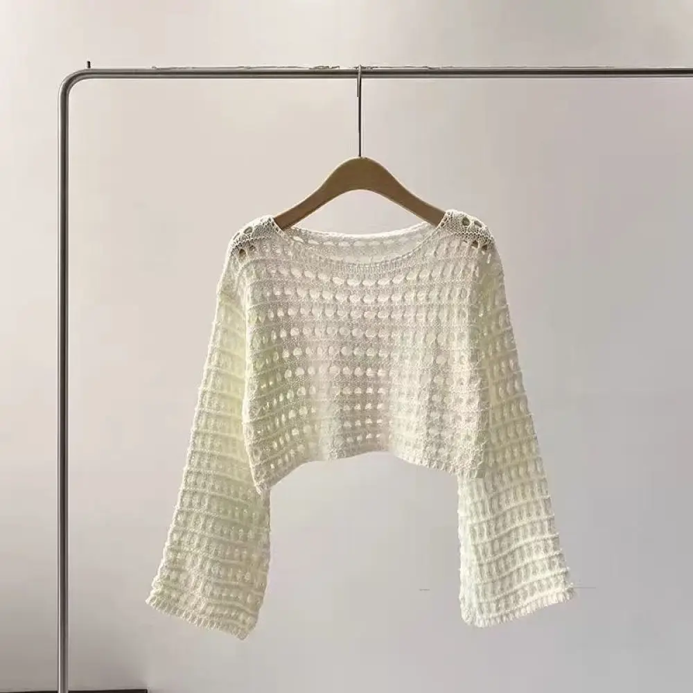 French Style Hollow Out Knitted Sweater Women Summer Long Sleeve Cropped Pullover Female Thin Breathable Sunscreen Shirt Tops