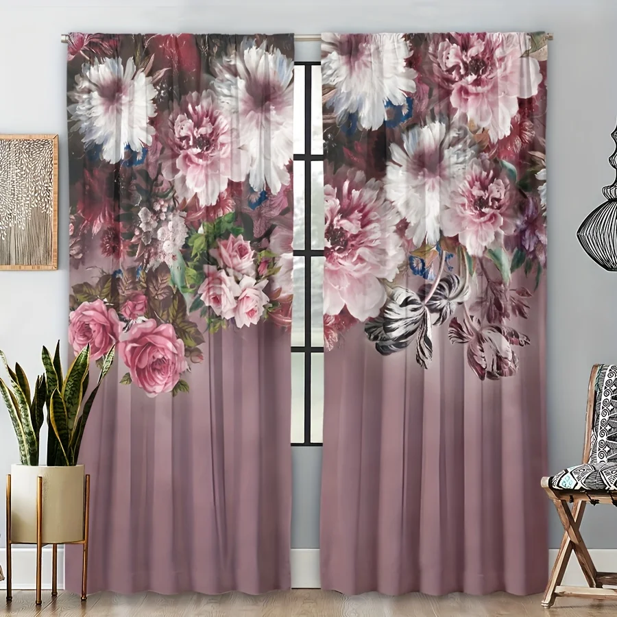 2pc Colorful Flower Landscape Spring Print Curtain Rod Pocket Mount, Digital Printed Curtains For Living Room Kitchen Bedroom