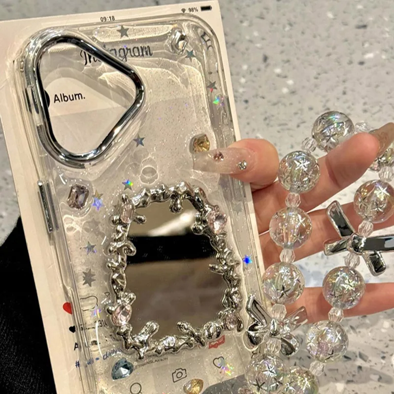 3D Rhinestone Mirror Transparent Phone Case Hanging Chain for IPhone 16 Pro Max 16 15 Pro 14 13 Anti Drop Protective Back Cover