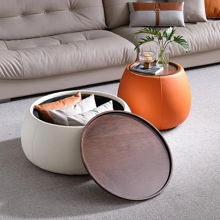 AUXFORD FURNITURE italian luxury design leather coffee table set round shape wooden top living room center table with storage