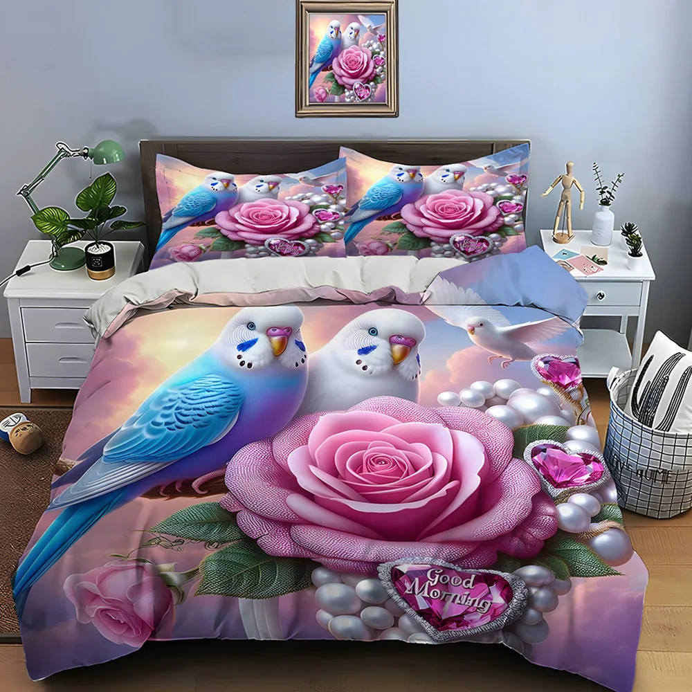 Pink rose with adorable parrots Bedding Set for Kids Luxury Gift 3pcs Digital Print Comforter Set Soft Comfortable Breathable