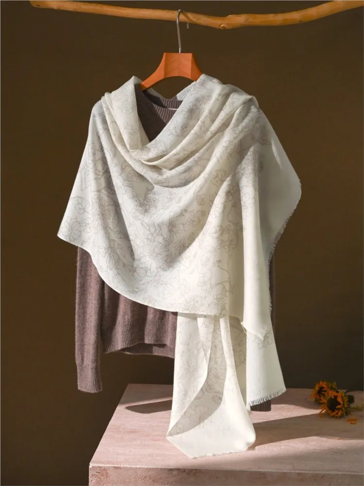 Sketch flower white thin real fur scarf summer style silk for women new air-conditioned room shawl outerwear