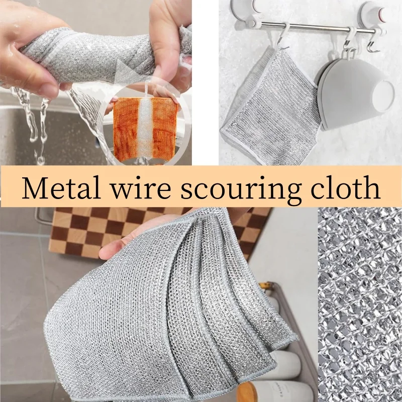 Magic Metal Wire Dishcloth Double Layer Thickened Cleaning Cloths Microfiber Wash Cloth Towel Kitchen Dishwashing Scouring Pads