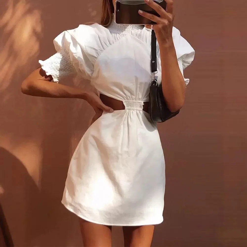 

Short Puff Sleeve Waist Hollow Out Backless Dress Women Turtleneck Solid Color Sexy Fashoin Mini Dress