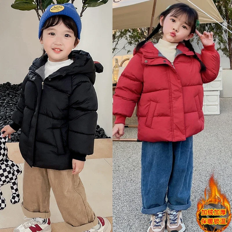 

Осенне-зимняя куртка для маленьких девочек и мальчиков 2-6 лет, однотонное плюшевое утепленное пальто с капюшоном и плюшевой подкладкой, хлопковая верхняя одежда