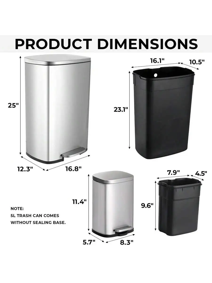 

Stainless Steel Step Trash Can Set With Foot Pedal For Kitchen Home Office Soft Close Lid