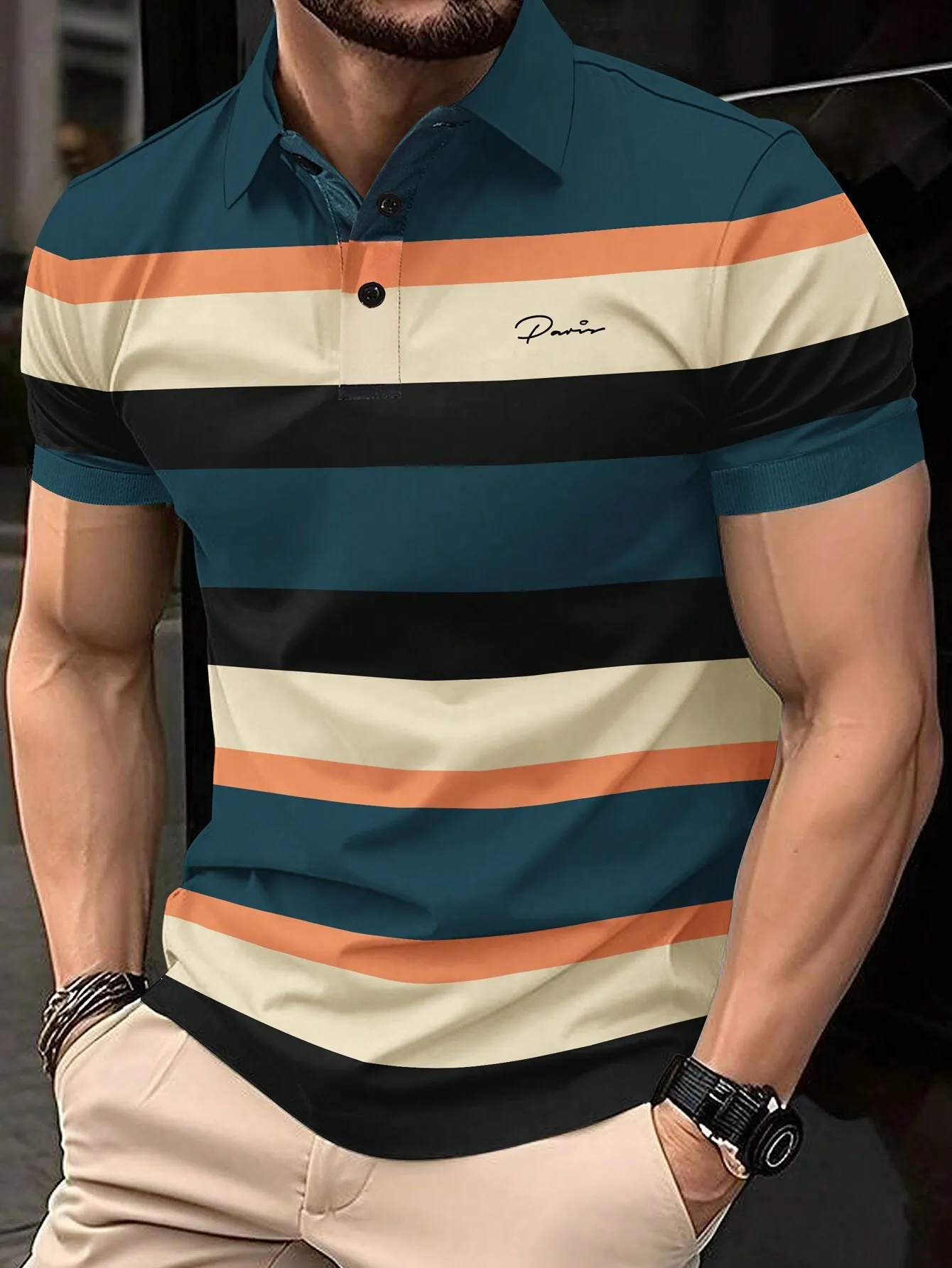 

Men's Short Sleeve Striped Polo Shirt - Teal, Cream, Orange & Black - Casual Work & Commute