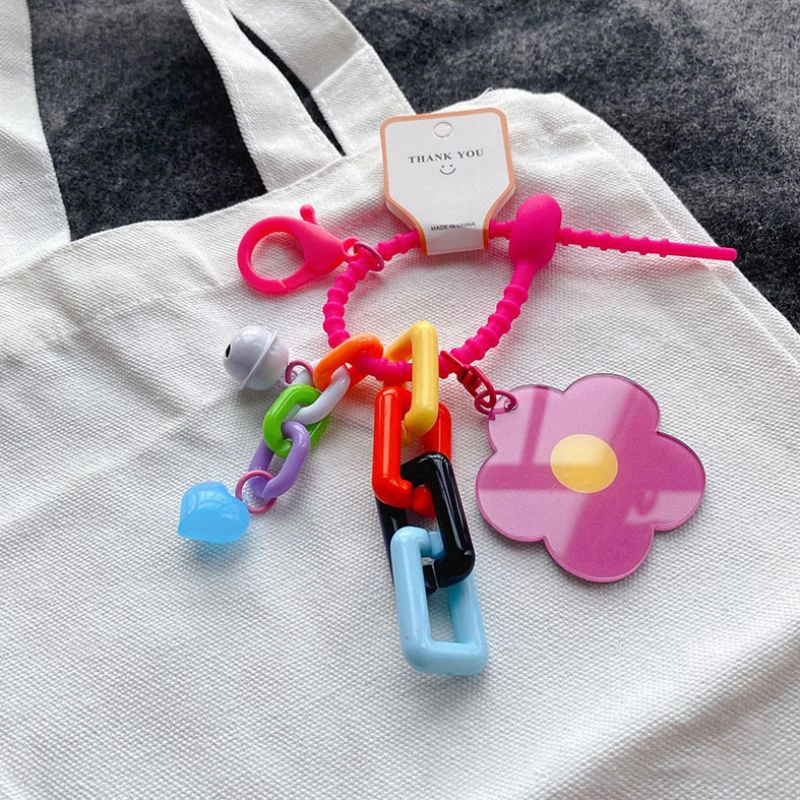 Cute Keychains For Bag Korean Style Colorful Flower Keychains With Small Mirror Fashion Acrylic Chains Women Keyrings Wholesale