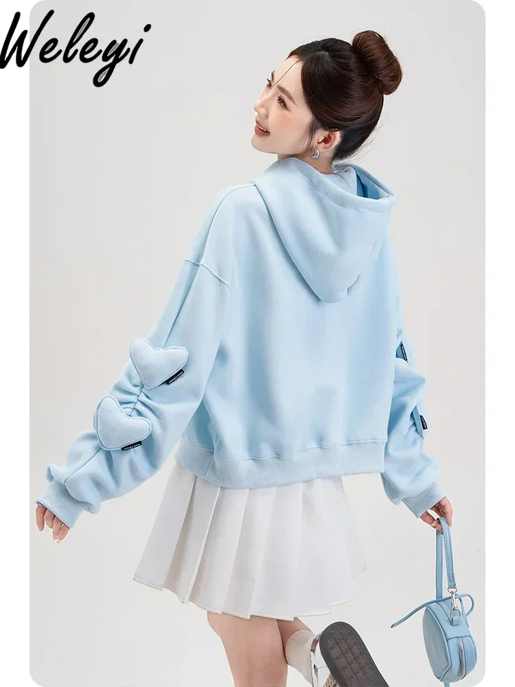 Sweet Light Blue Three-dimensional Love Drawstring Sweatshirt Ladies Streetwear 2024 Autumn New Women's Thin Hooded Hoodie Top