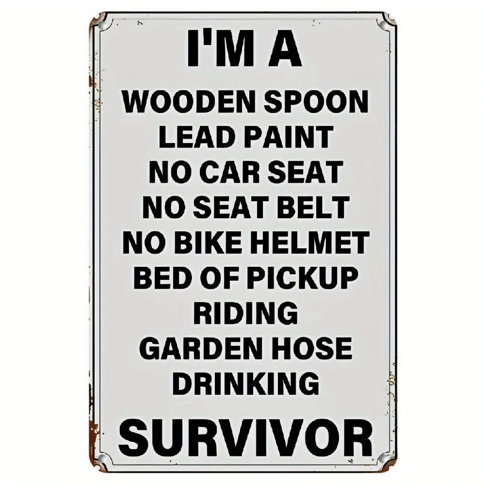 2D Flat, 2D Flat I'm a Survivor Vintage Metal Tin Sign - Funny Retro Wall Art for Garage, for Man Cave, Bar, Bedroom, Office, or